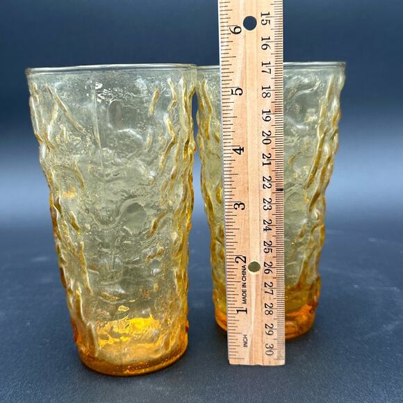 Anchor Hocking Milano Crinkle Honey Gold Glassware 12 oz Flat Tumblers Set of 2 - Picture 3 of 5